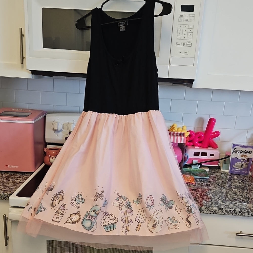 Black and Pink Sleeveless Dress with Cartoon Print